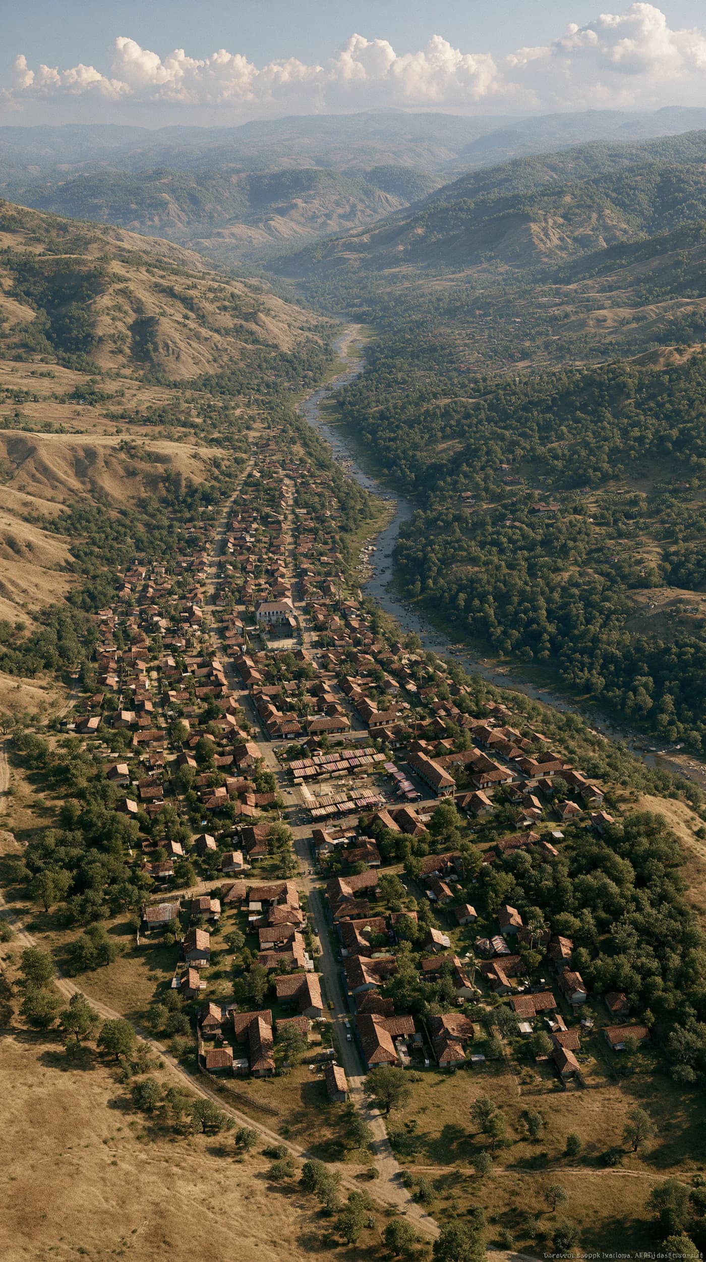 Panorama conceptual de un municipio colombiano entre montañas y un río